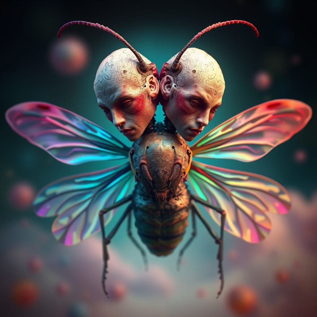 Surreal Double-Headed Insect in Dreamlike Setting