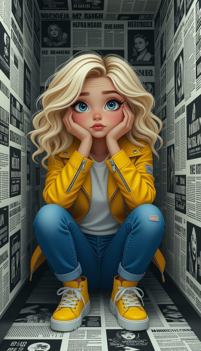 Pensive Girl in Art Room, Photorealistic Digital Art