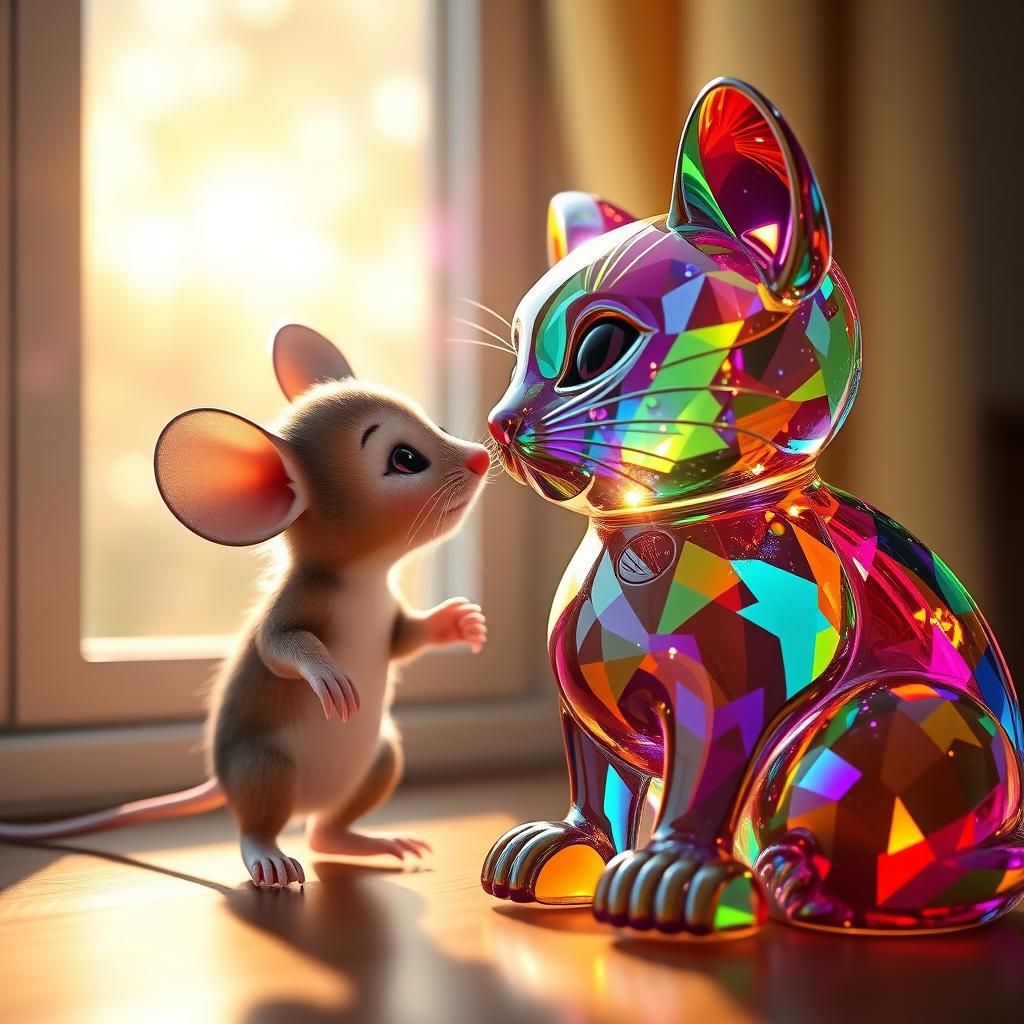 Cute Mouse and Glass Cat in CGI Cartoon Style