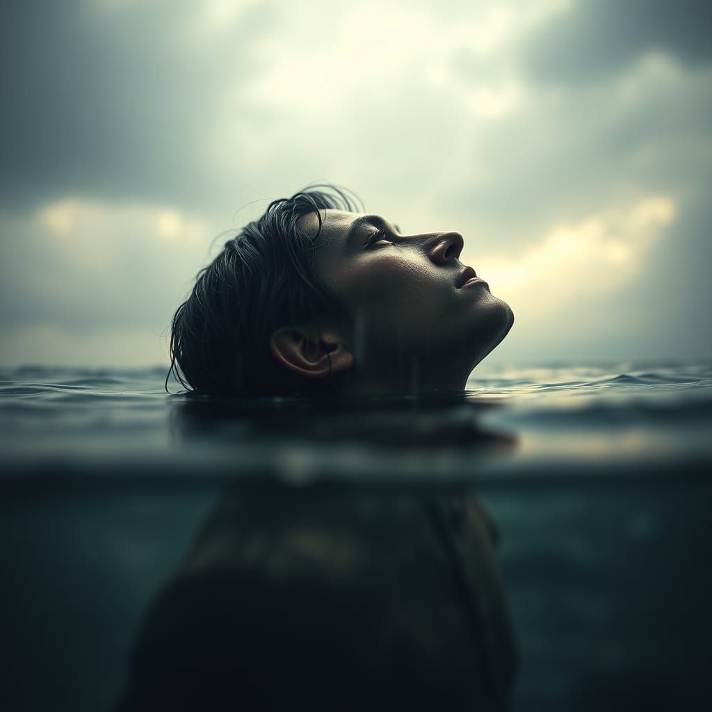 Sorrowful Figure Contemplates Loss in Rainy Cityscape