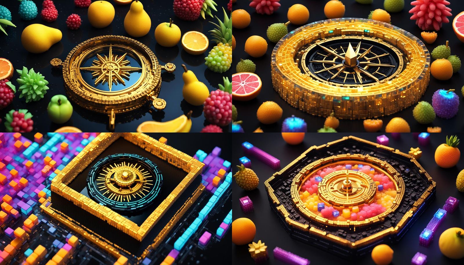 Golden Compass on Voxel Fruit in Tron Style