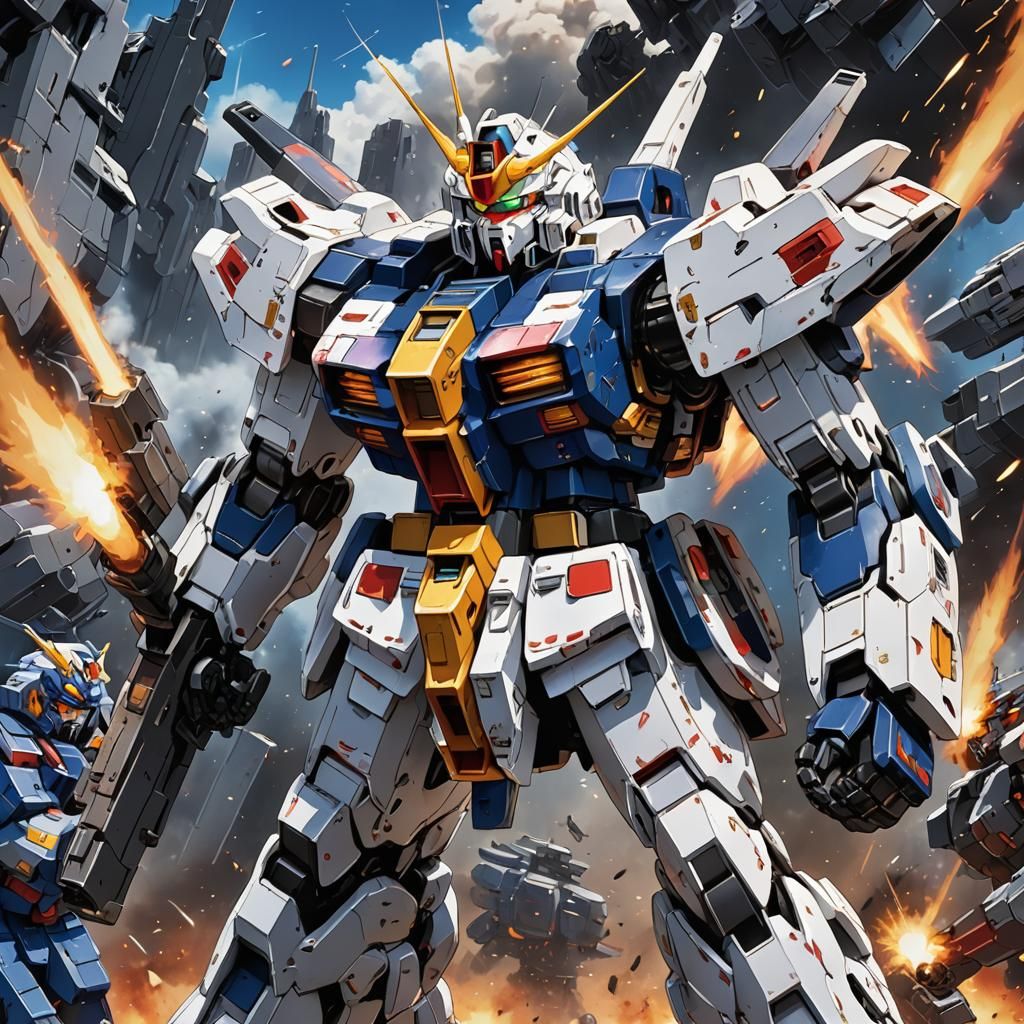 Gundam gatling, mech war, Masterpiece, Best Quality, flat, Manga Scan, Anime, cinematic lighting, drawn Art, by Studio ...