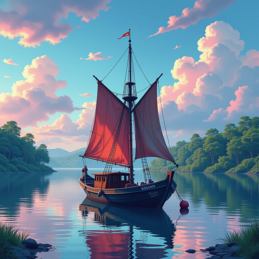 Asian Sailboat on Floating Island in Graffiti Art