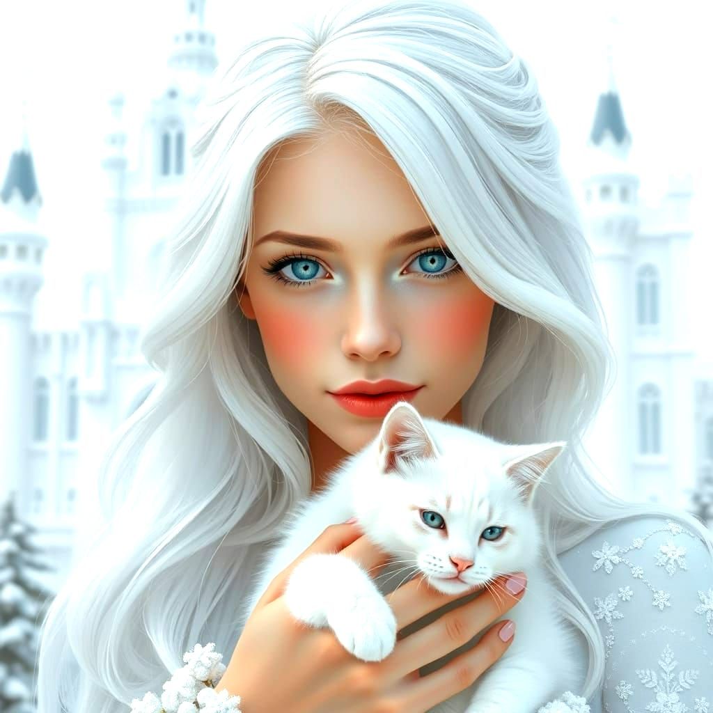 Snowy Princess in White Castle with Feline Companion
