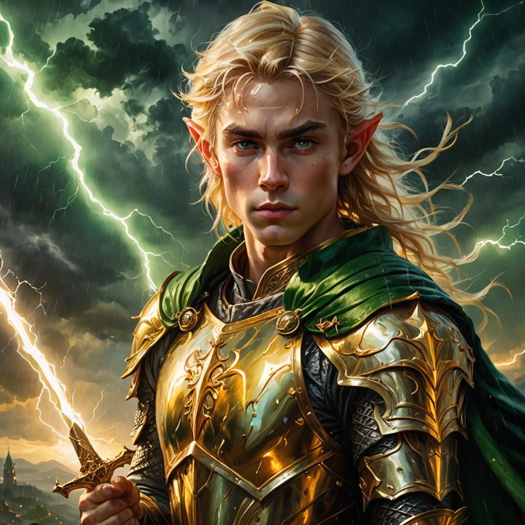 Fantasy Elf Wields Lightning Sword: Oil Painting