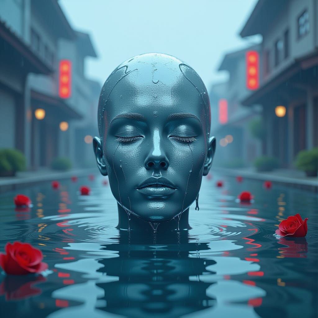 Silver Head Submerged in Surreal Melting City