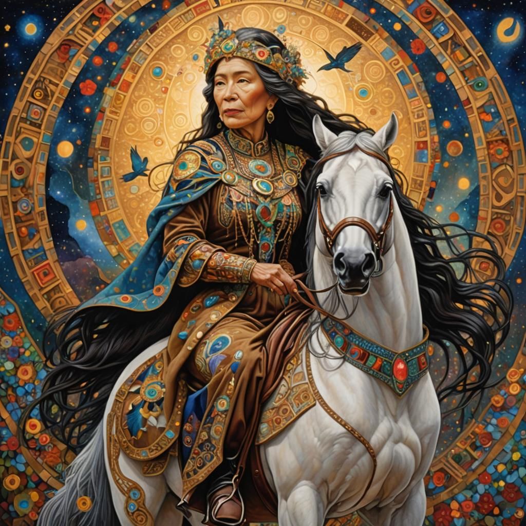 Indigenous Grandmother on Horseback in Klimt Style
