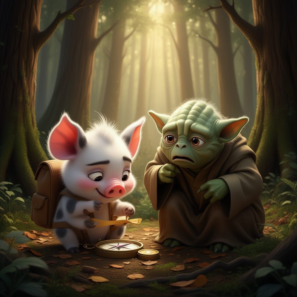 Yoda and Pig Explore Woods with Compass