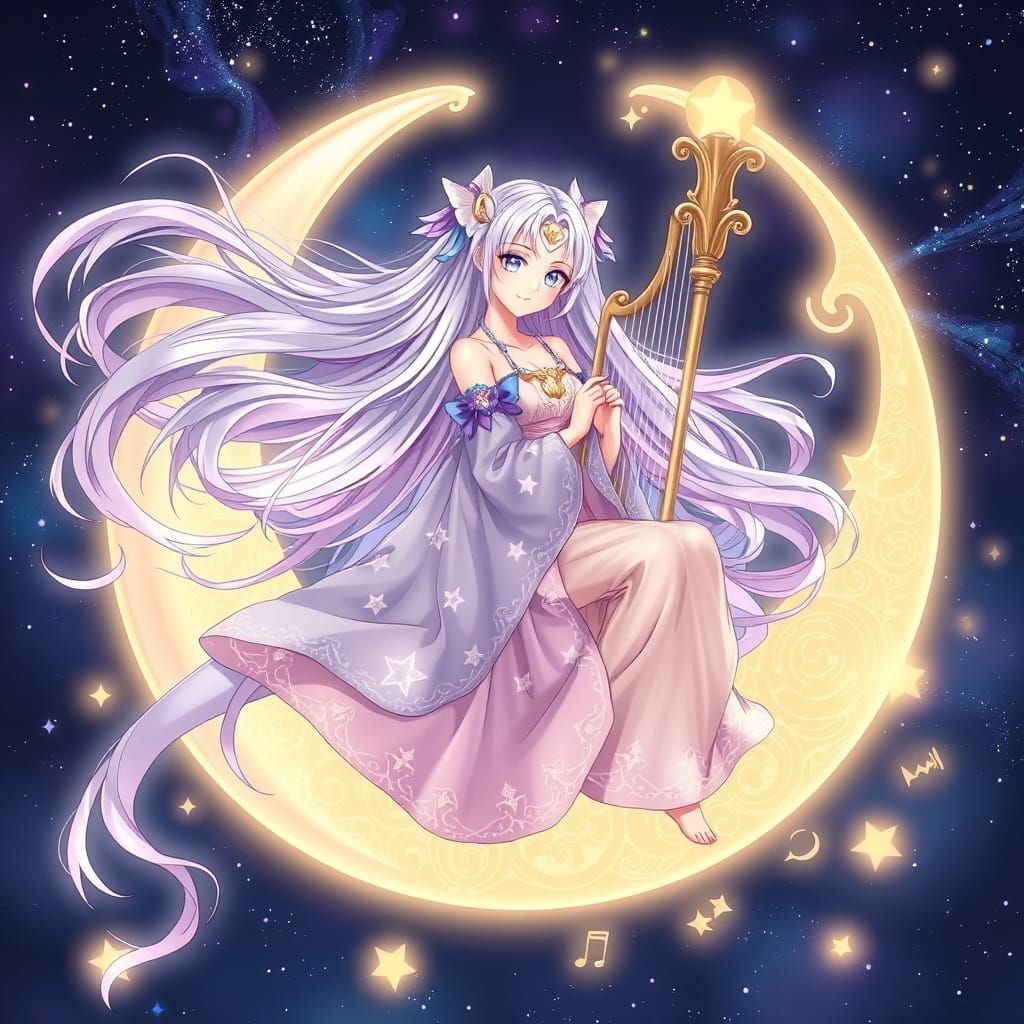 celestial fantasy girl sitting on a large crescent moon harp...