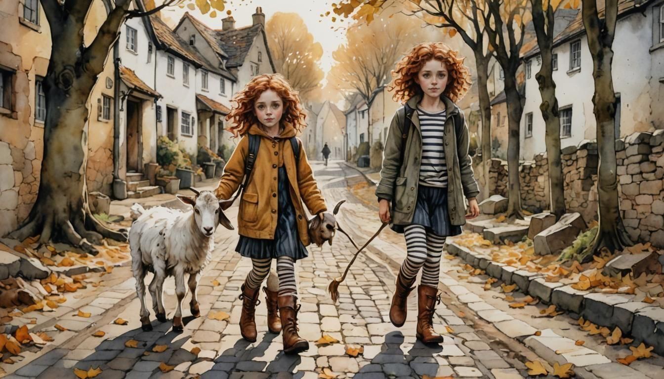 Girl with Goat and Balloons in Black and White Watercolor