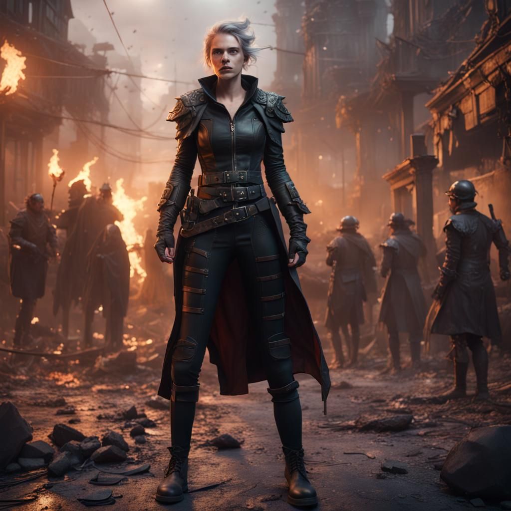 Figure in Leather Amidst Riot, Detailed Matte Painting