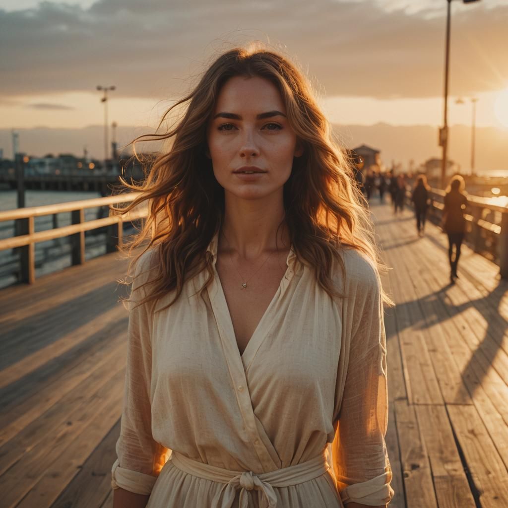 Woman on Boardwalk at Sunset in Cinematic Style