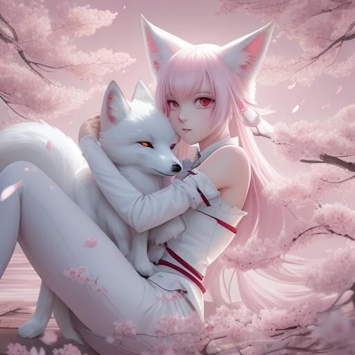 Anime Fox Girl in Cherry Blossom Garden