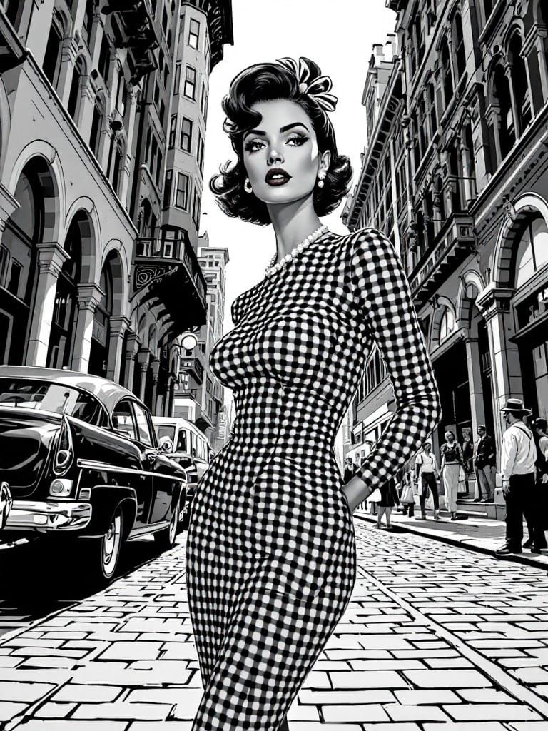 Retro-Futuristic City Goddess in Checkered Elegance