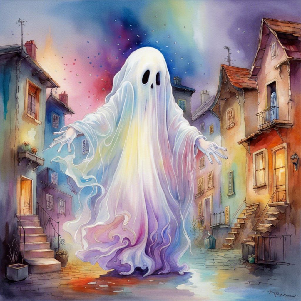 Adorable Ghost Floating in a Colorful Town