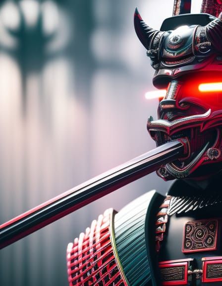 Futuristic Neon Samurai Warrior with Oni Mask