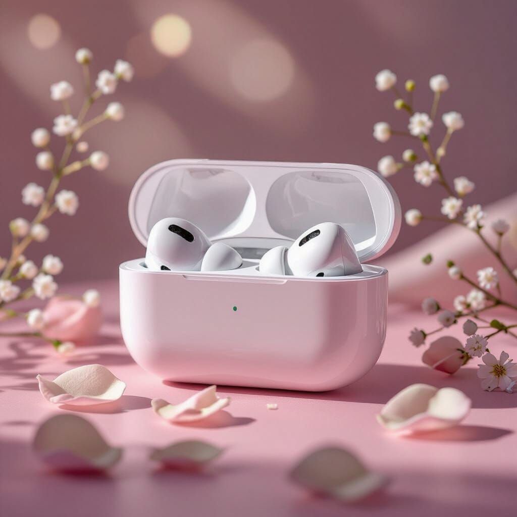 Feminine AirPods on Pastel Pink Surface with Floral Accents