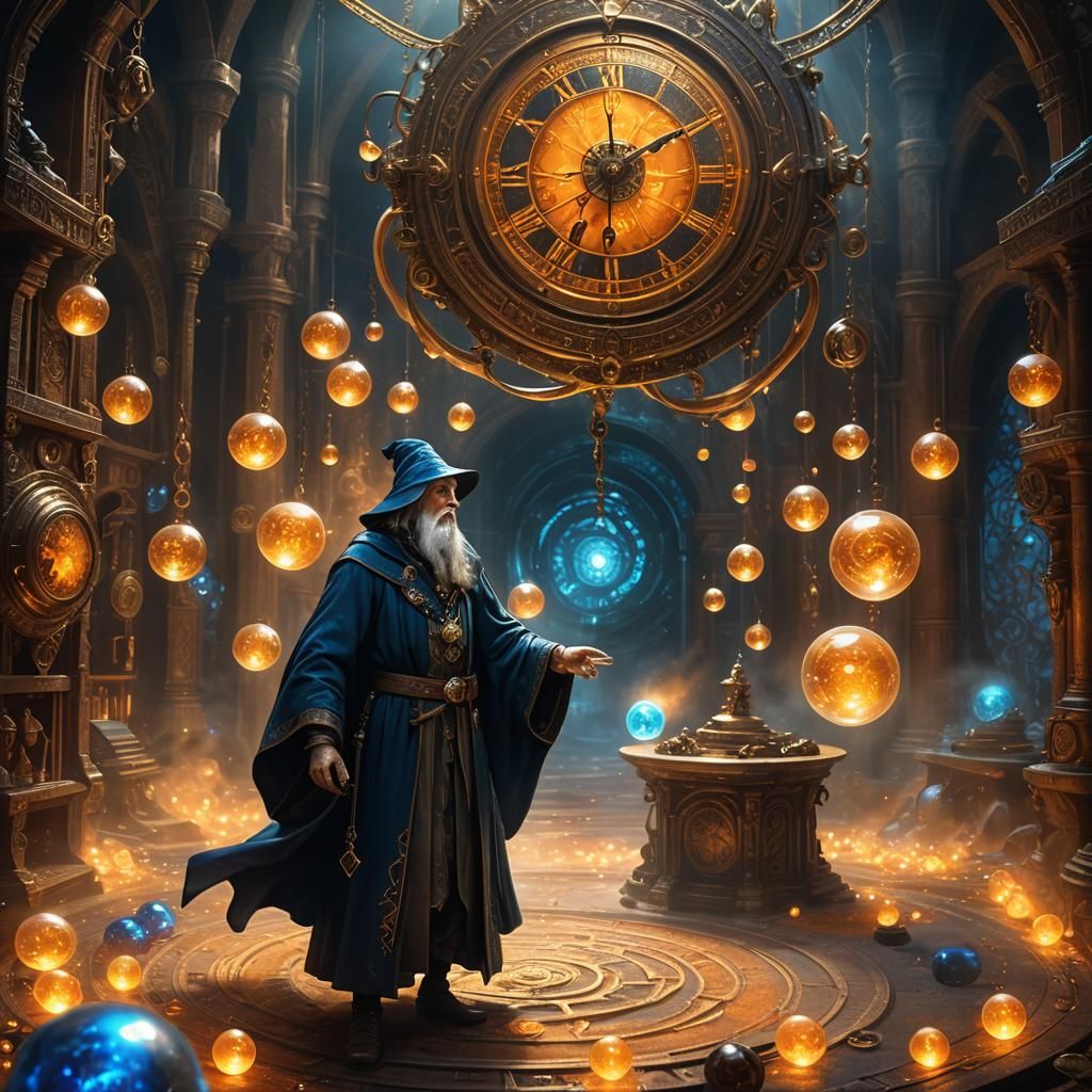 Master Wizard Manipulating Time in Mystical Chamber