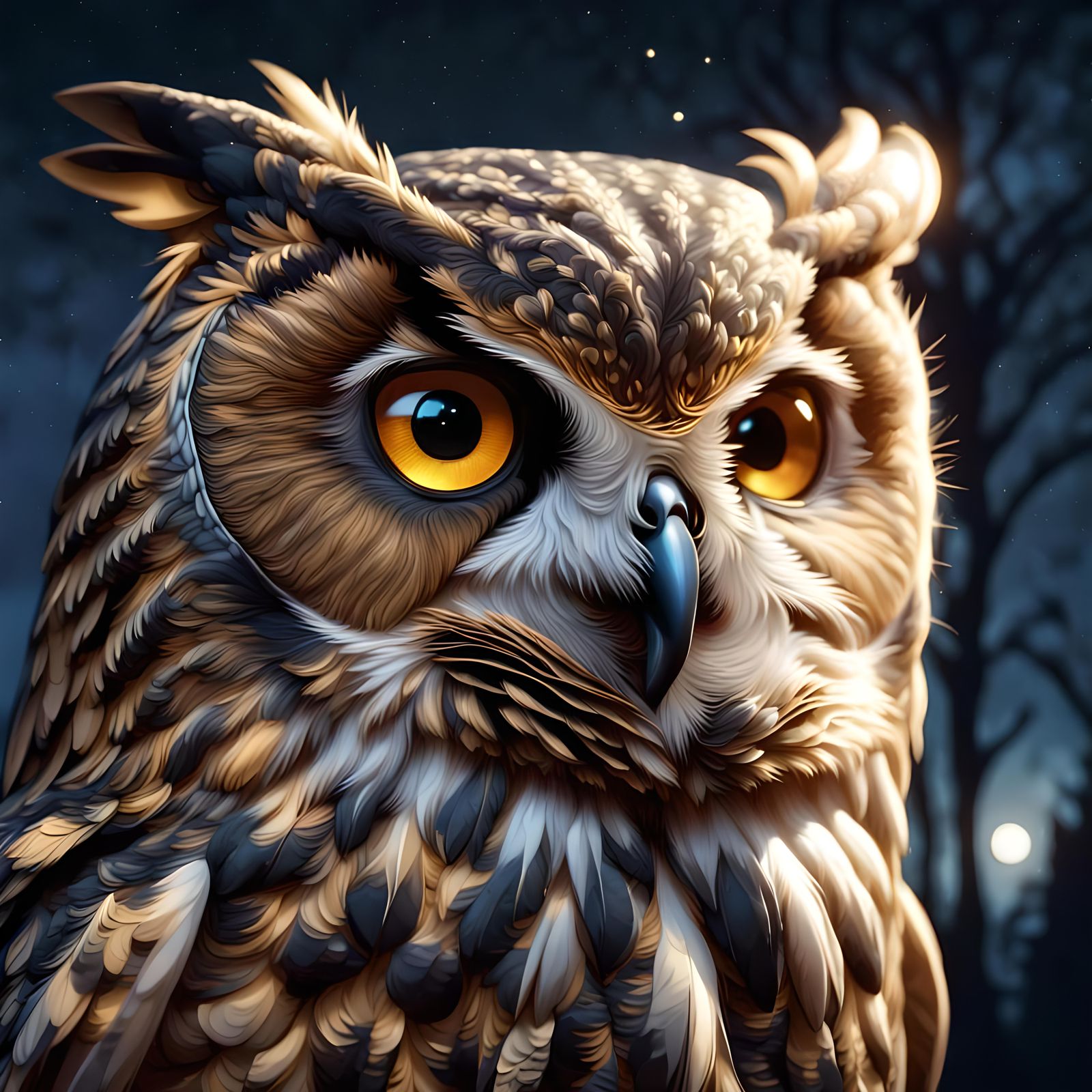 Majestic Owl Face with Golden Eyes at Night