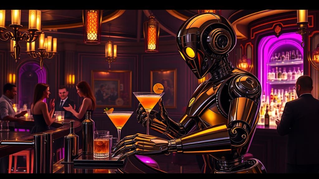 Art Deco Robot Bartender in Speakeasy