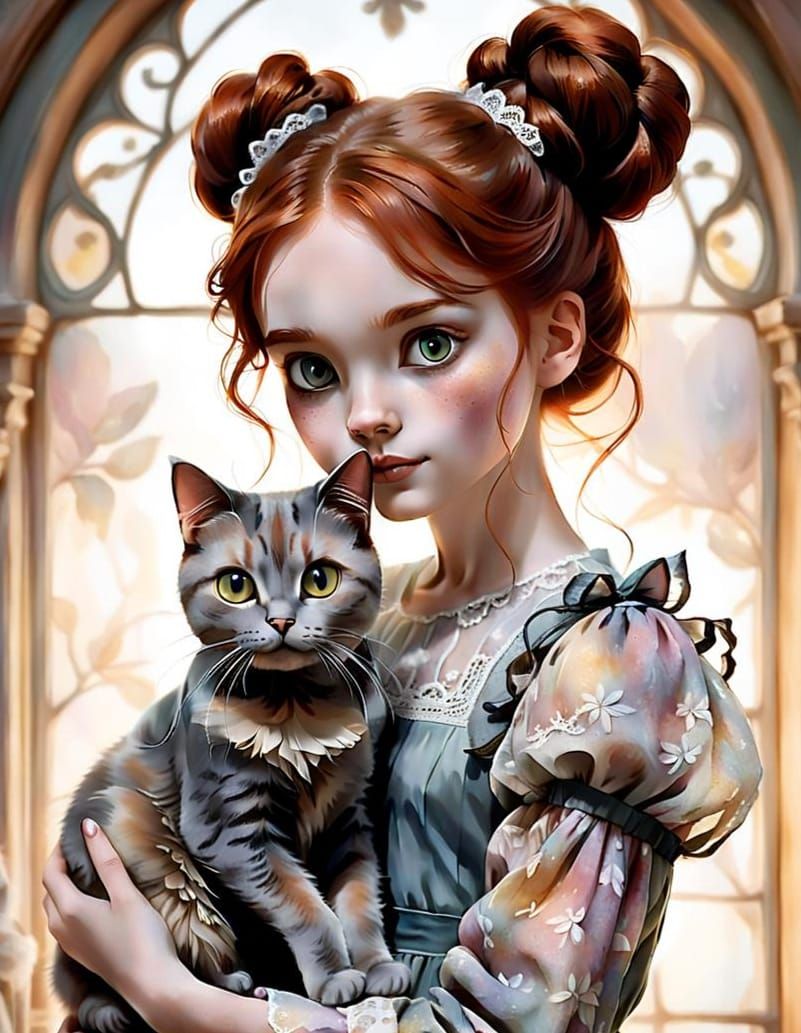 Girl with Cat: Whimsical Fantasy Art Portrait