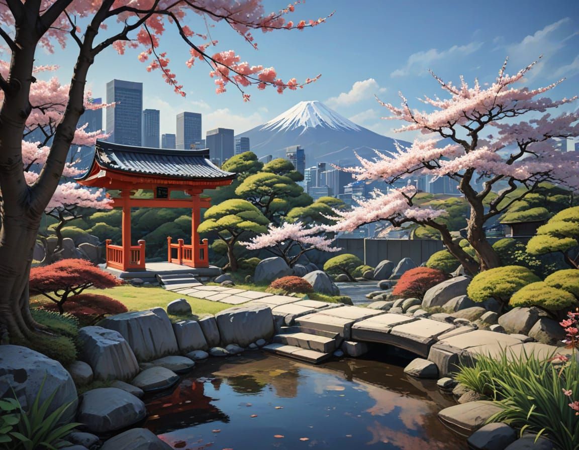 Traditional Japanese Zen Garden with Urban Tokyo Cityscape i...