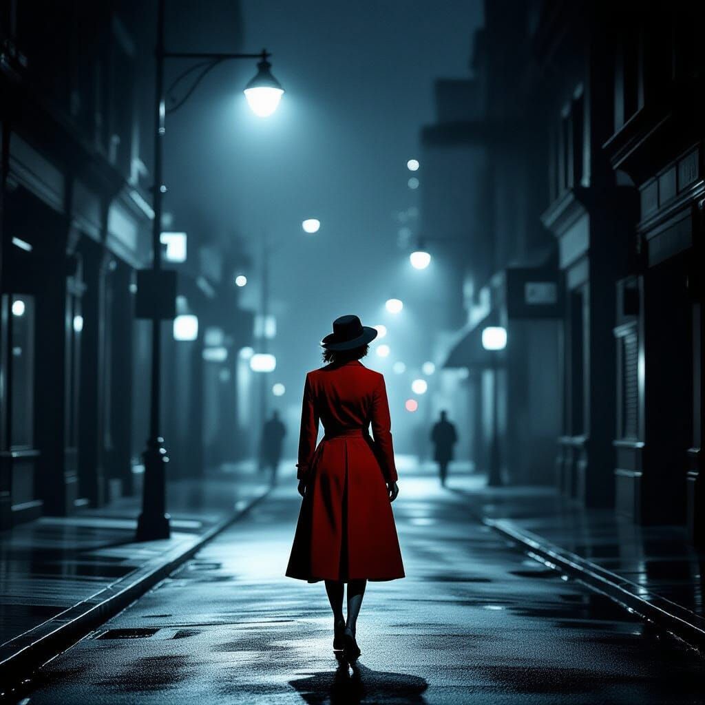 Film Noir Woman in Red on Dark Street