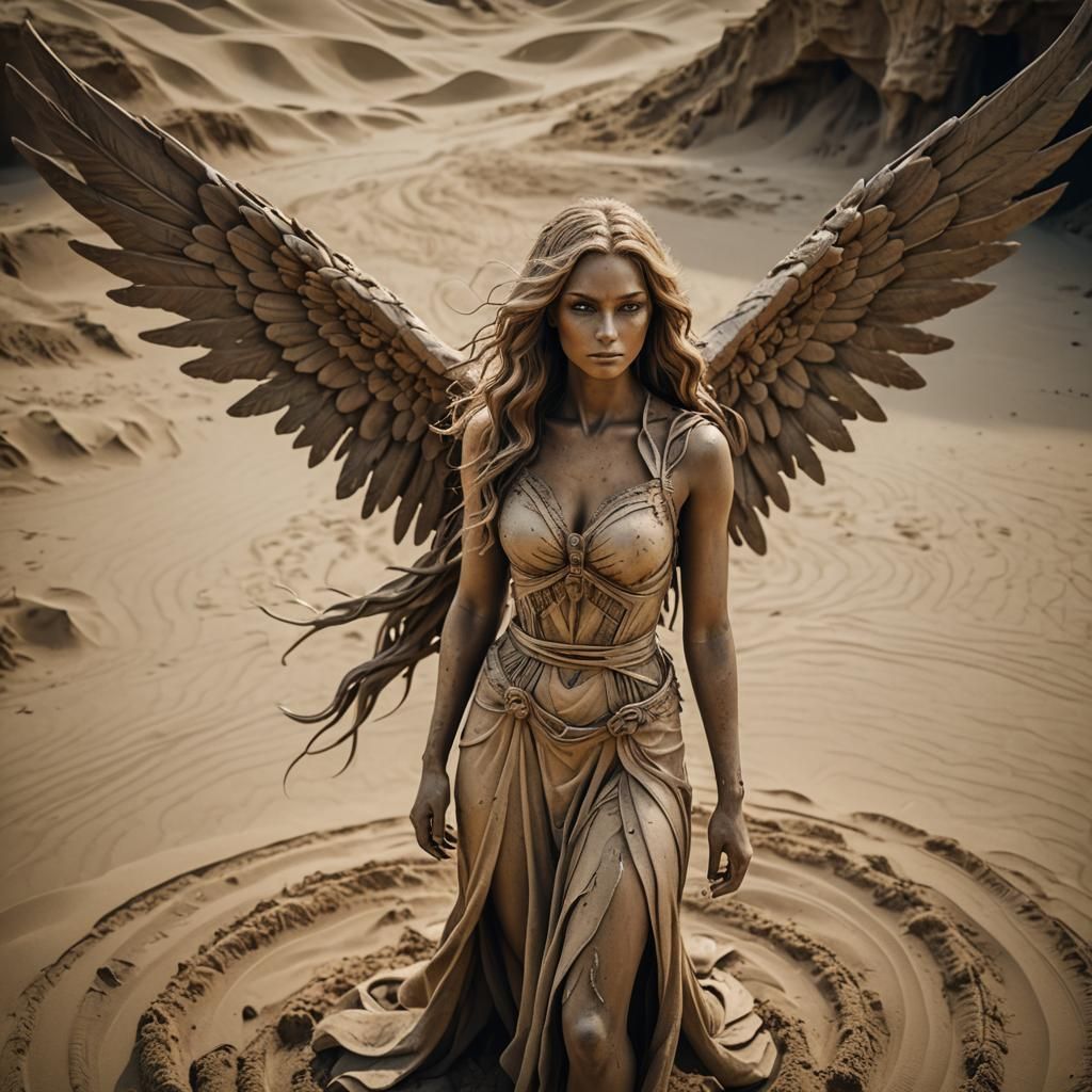 Winged Sand Sculpture of a Girl: Cinematic Still