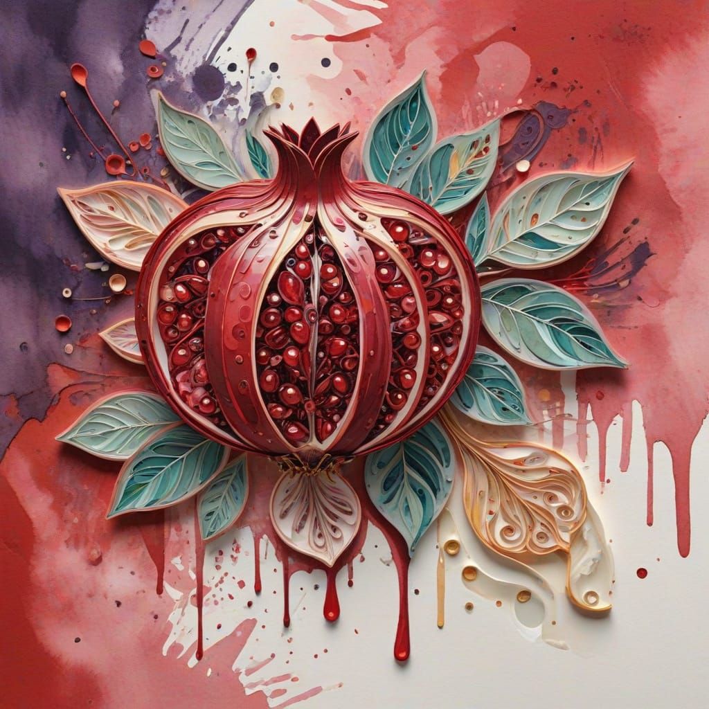 Royal Red Quilling Paper Pomegranate in Luxurious Watercolor...