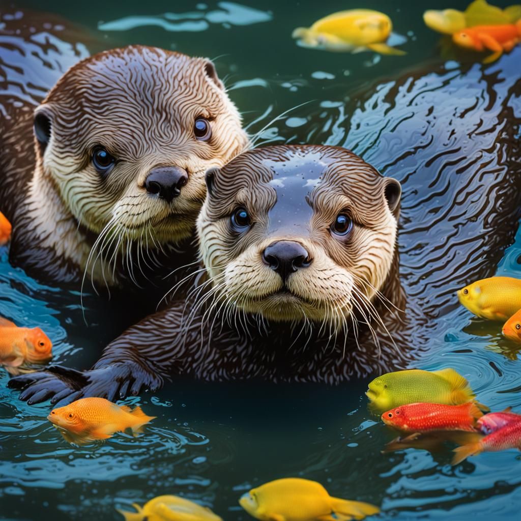 Playful Otters in a Vibrant Underwater World