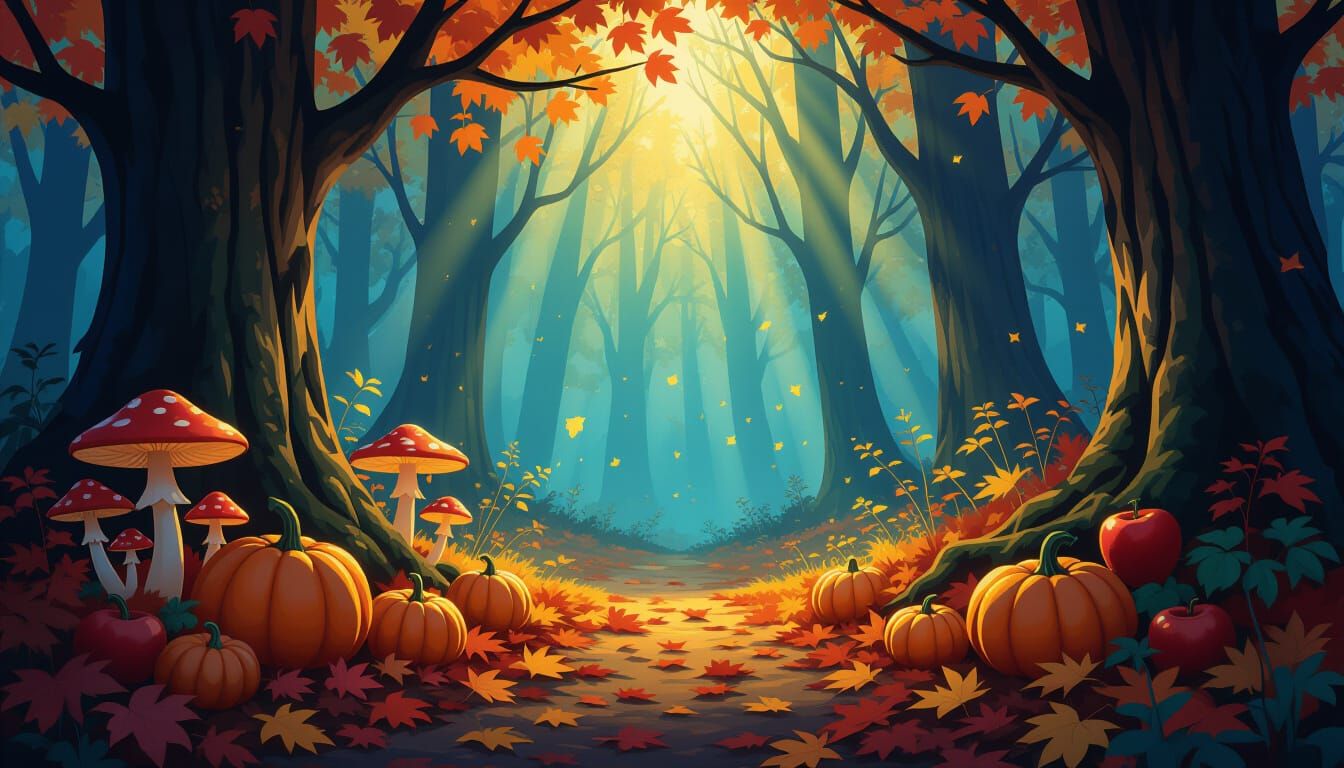 Magical Woodland Clearing with Glowing Harvest Items