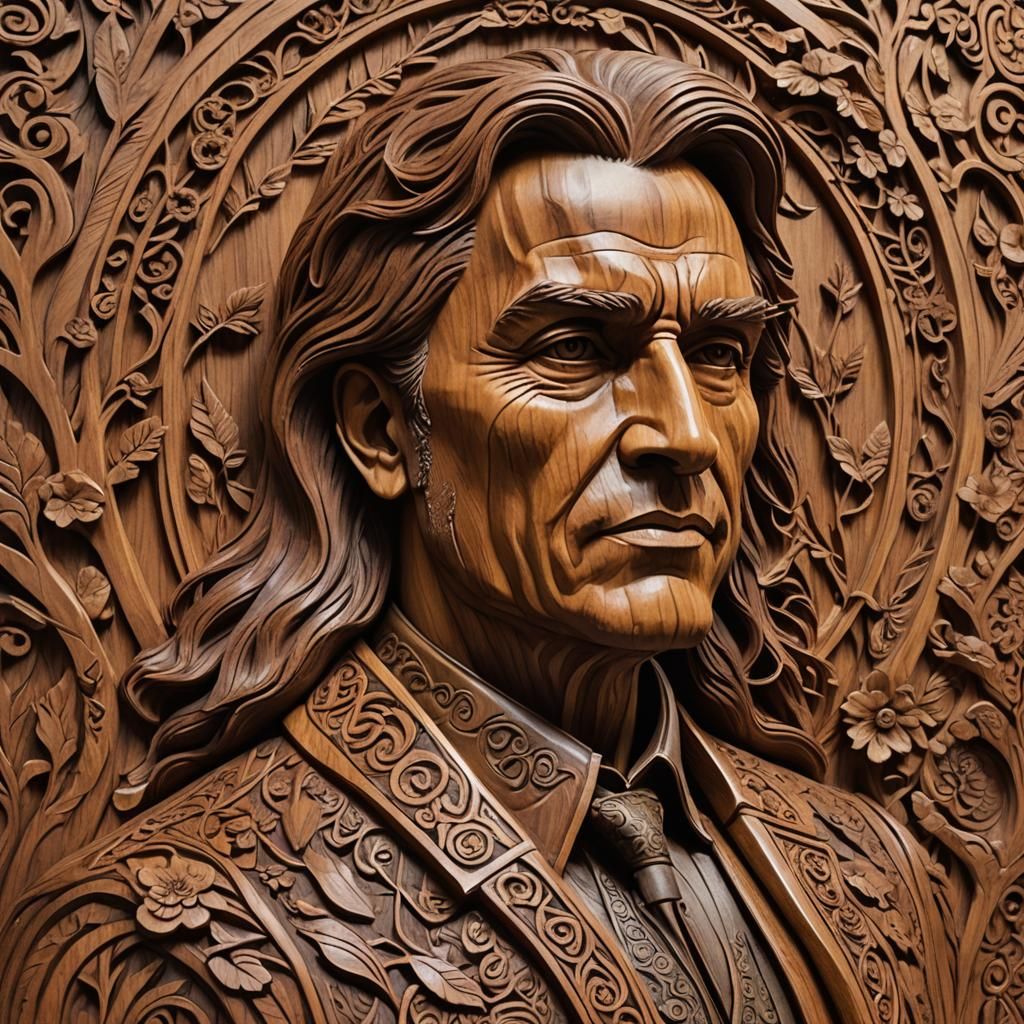 Create a close-up wood statue carving: Mahogany; Intricate, ...