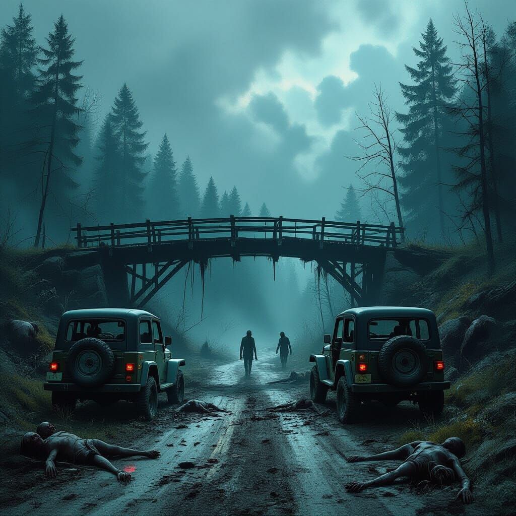Dark Fantasy Forest Road with Zombies and Abandoned Jeeps