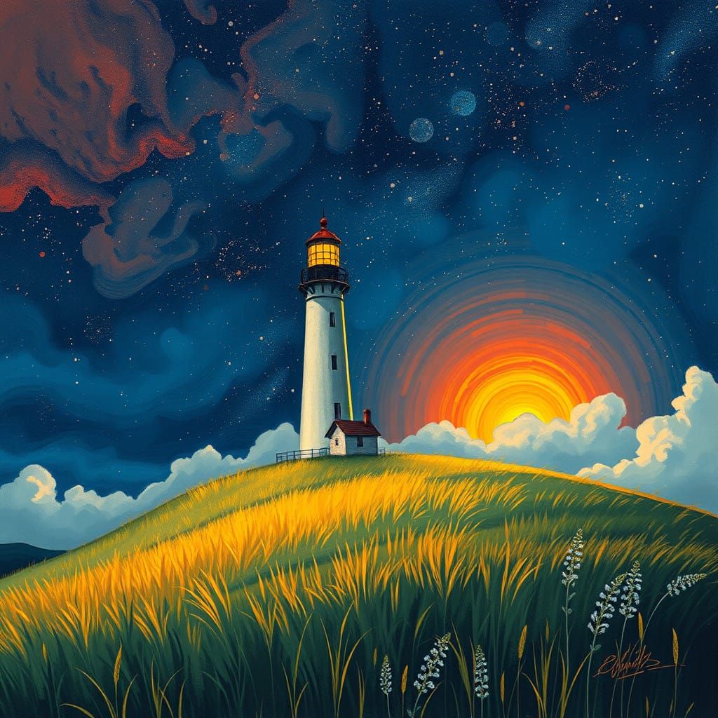 Majestic Evening Lighthouse Amidst Starry Night Sky in Expre...