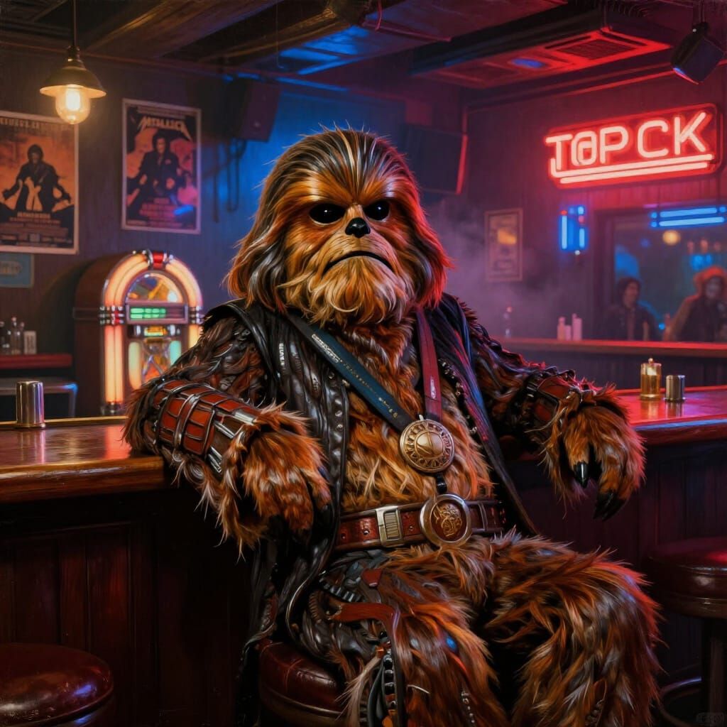 Jabba the Hutt in 80s Rock Bar Oil Painting