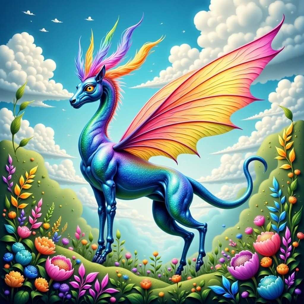 Vibrant Rainbow Creature in Whimsical Landscape