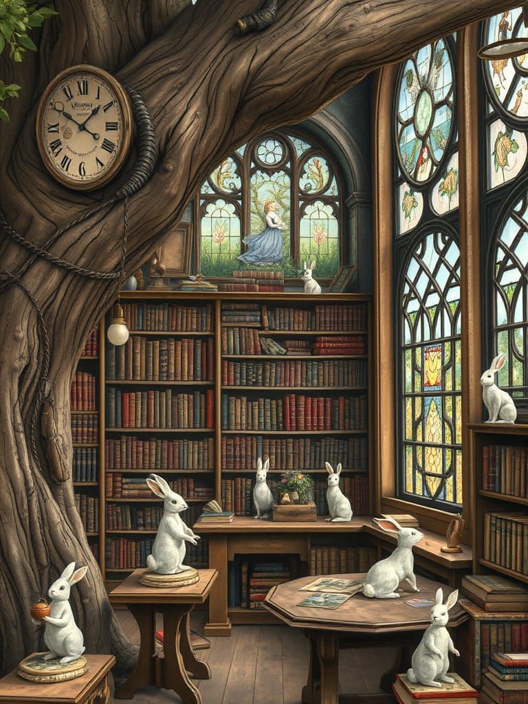 Charming Bookshop Inside Ancient Oak, Watercolor Style