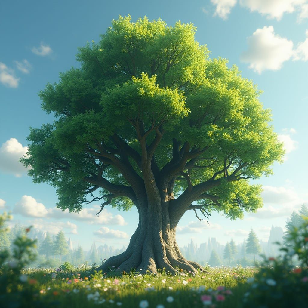 Surreal Birch Tree Landscape in Vibrant 3D Anime Style