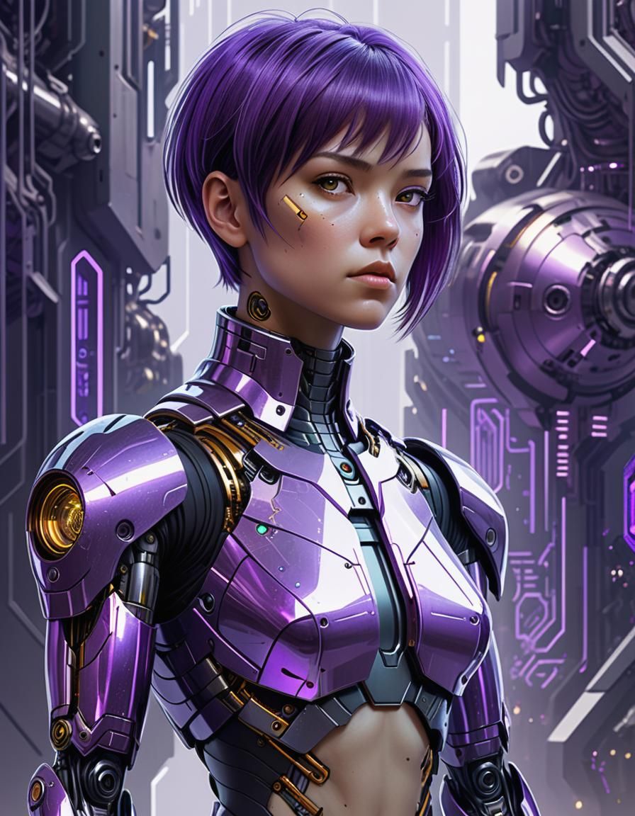 Female Cyborg Contemplates Future in Cyberpunk Style