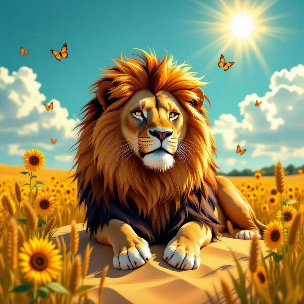 Lion with Sunflower Mane in Anime Style
