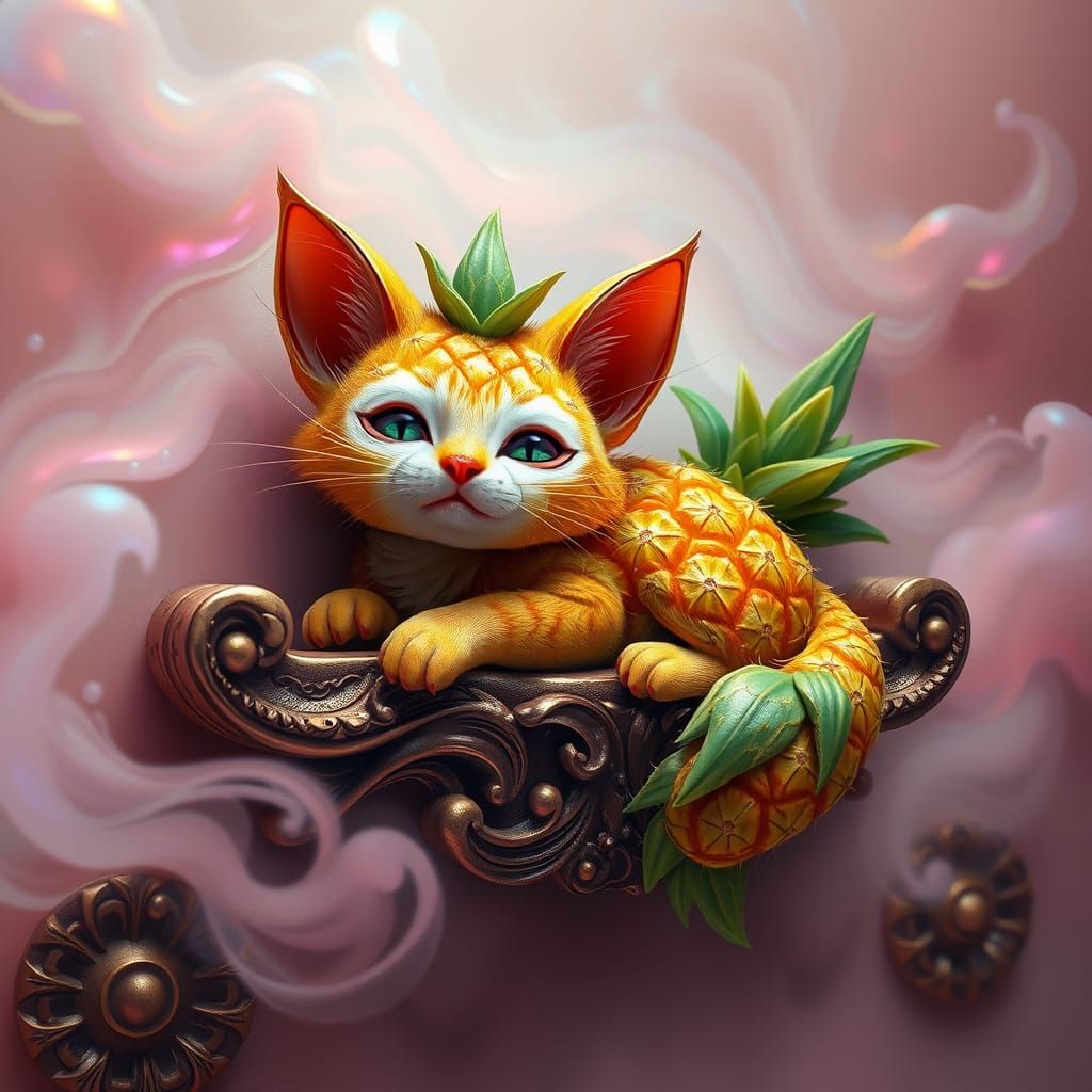 Whimsical Feline Creature on Ornate Shelf in Dreamlike Fanta...