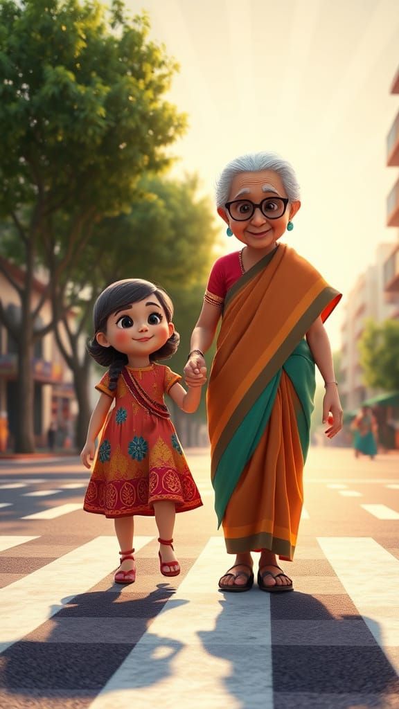 Girl Helps Elderly Woman: Heartwarming 3D Illustration