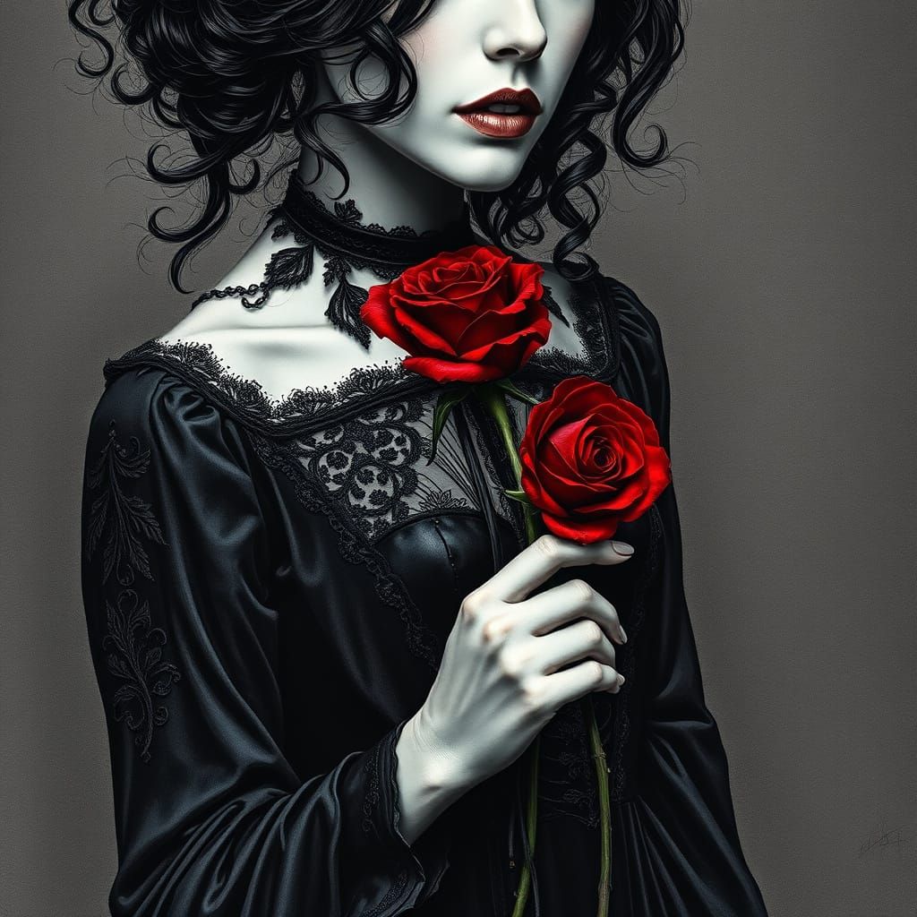 Gothic Woman with Velvet Rose in Intricate Victorian Style