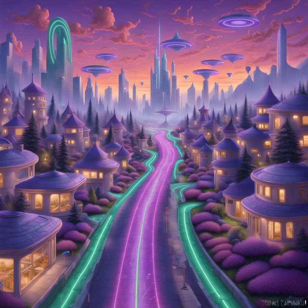 Queen Over Neon Road in Green Cyberpunk Suburb