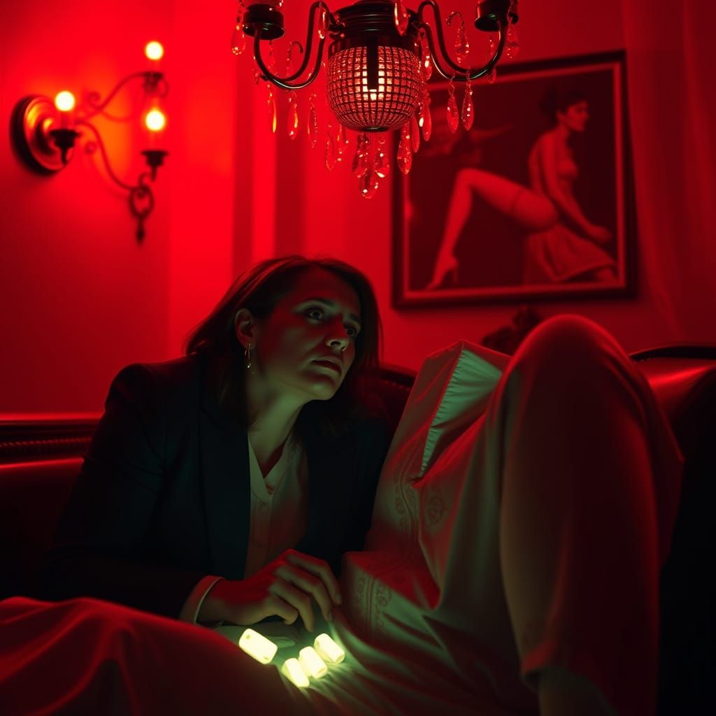 Whimsical Red Light Therapy Scene in Wes Anderson Style