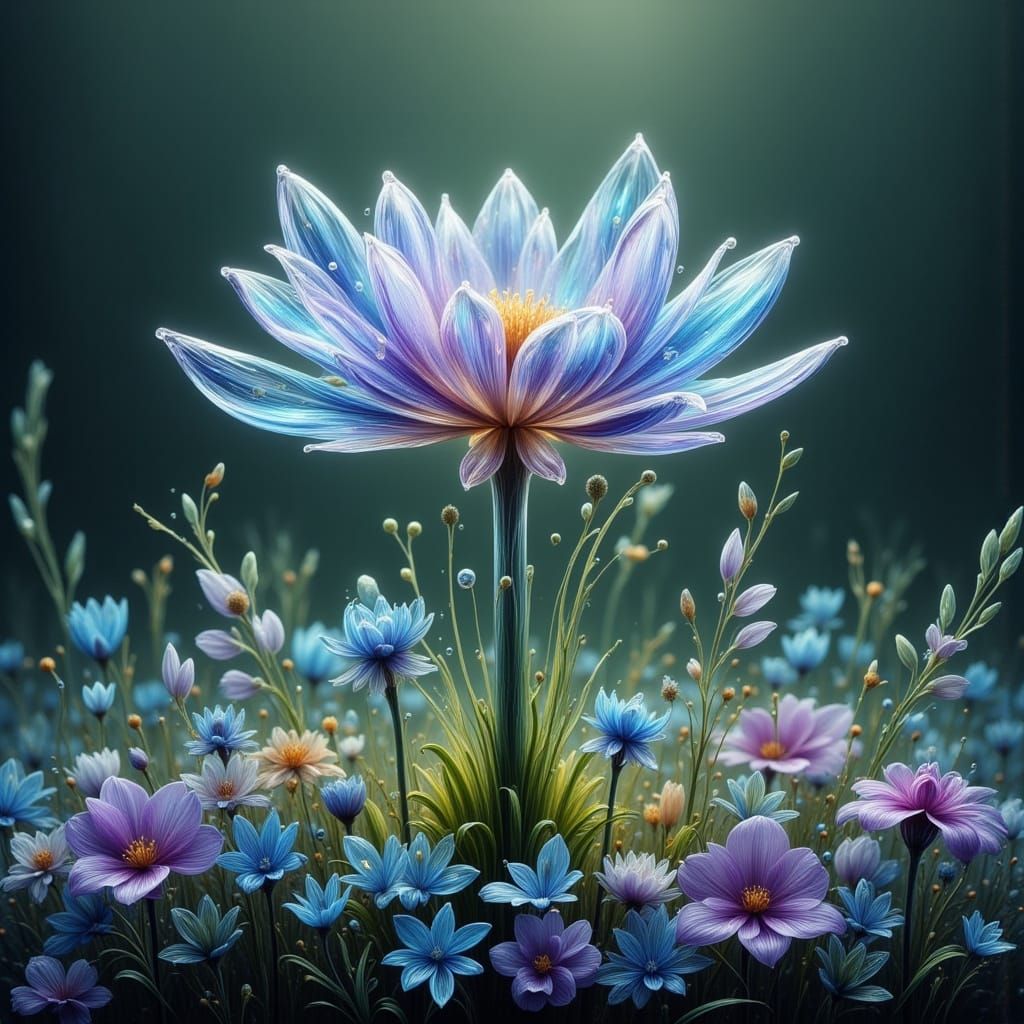 Ethereal Water Flower Blooms Amidst Vibrant Purple Blossoms