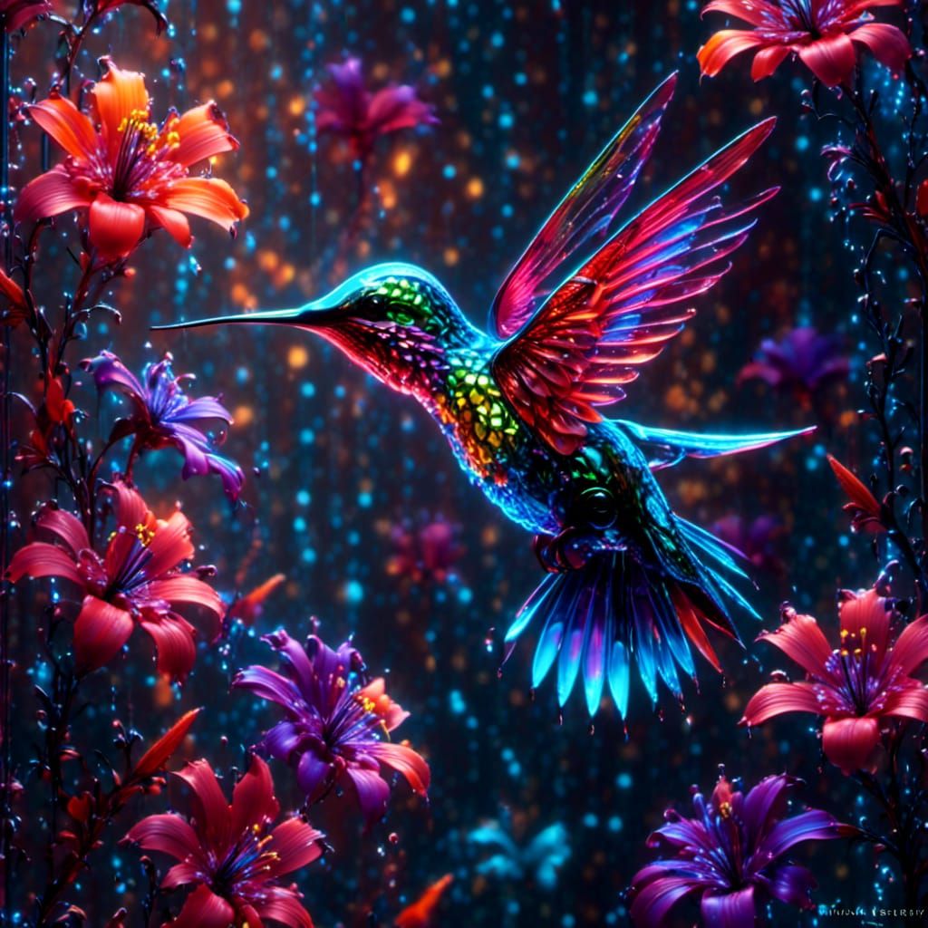 Glass Hummingbird on Neon Flower in Enchanted Forest