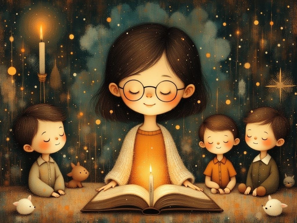 A Whimsical Storyteller in a Cozy Reading Nook, in Dreamlike...