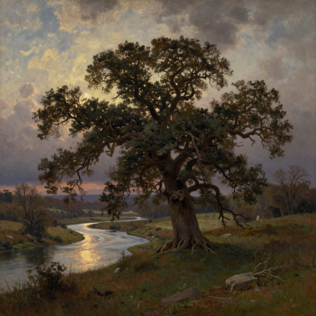 Ancient Oak Tree on Hill at Twilight Oil Painting