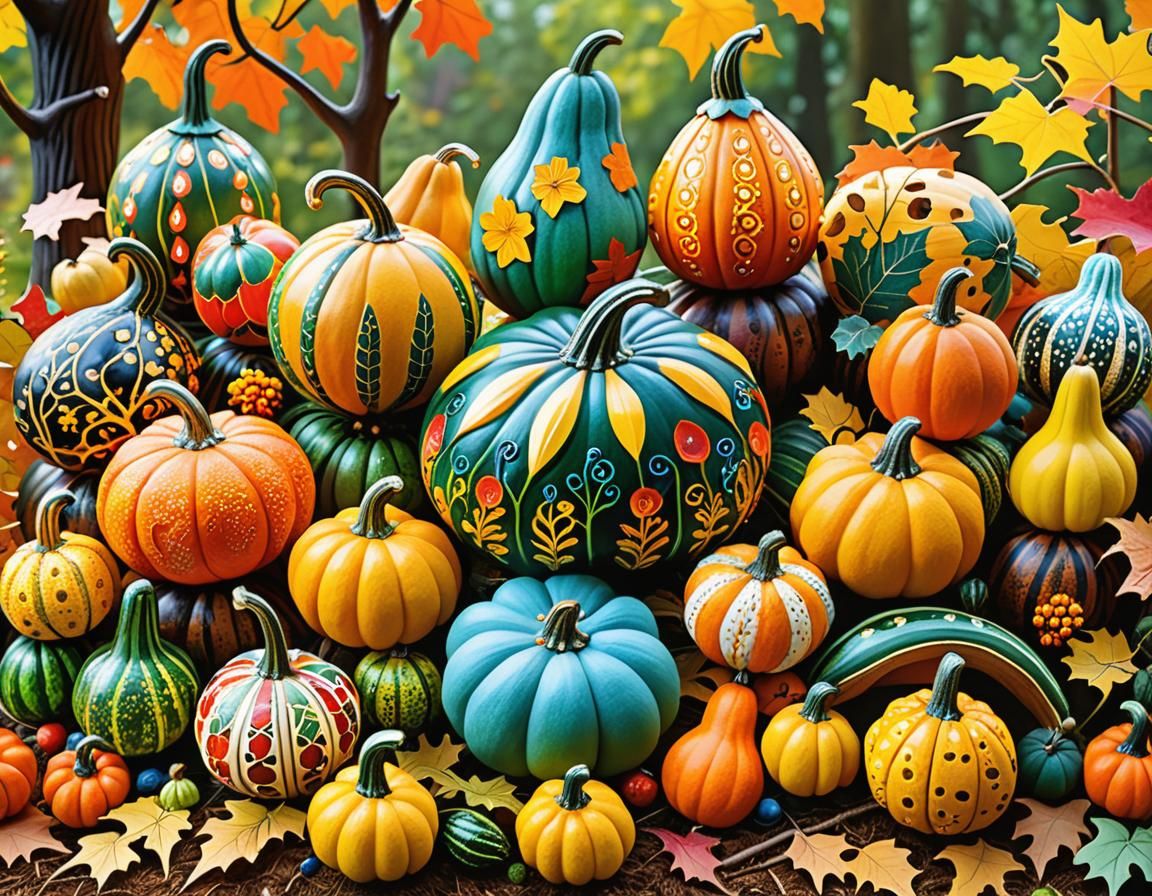 Colorful Gourd Woodland Scene: A Fantastical Masterpiece